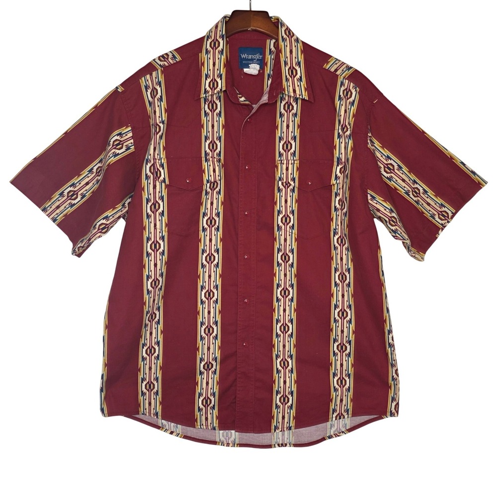 VTG Wrangler Aztec Western Shirt Mens XL Burgundy Red Southwestern Pearl Snap SS